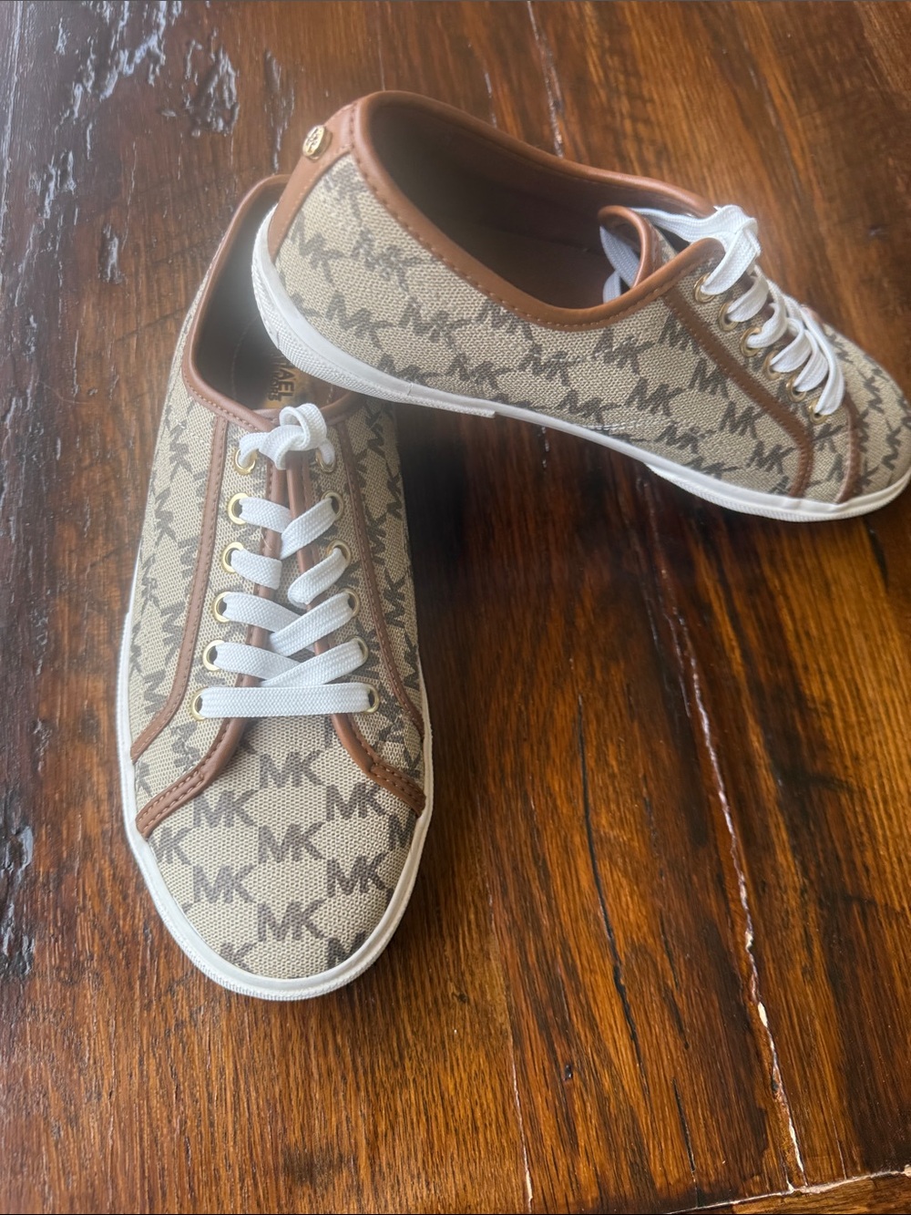 Michael Kors Tan/Beige MK Monogram Lace-Up Sneakers. Brand New